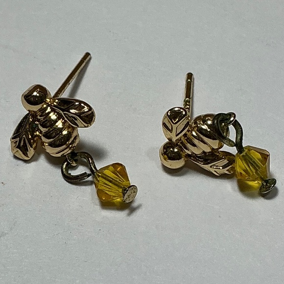 Sterling Silver Gold Tone Honey Bee 🐝 Drop Earrings W/ A Honey Colored Bead - Picture 3 of 7